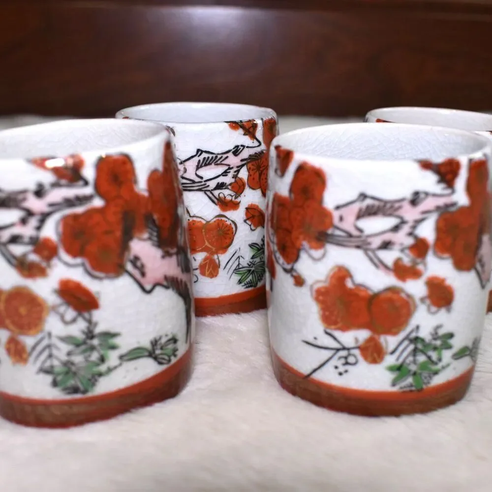 Vintage Kutani Style Hand Painted Asian Tea Cups Sake Set of 4 Japan